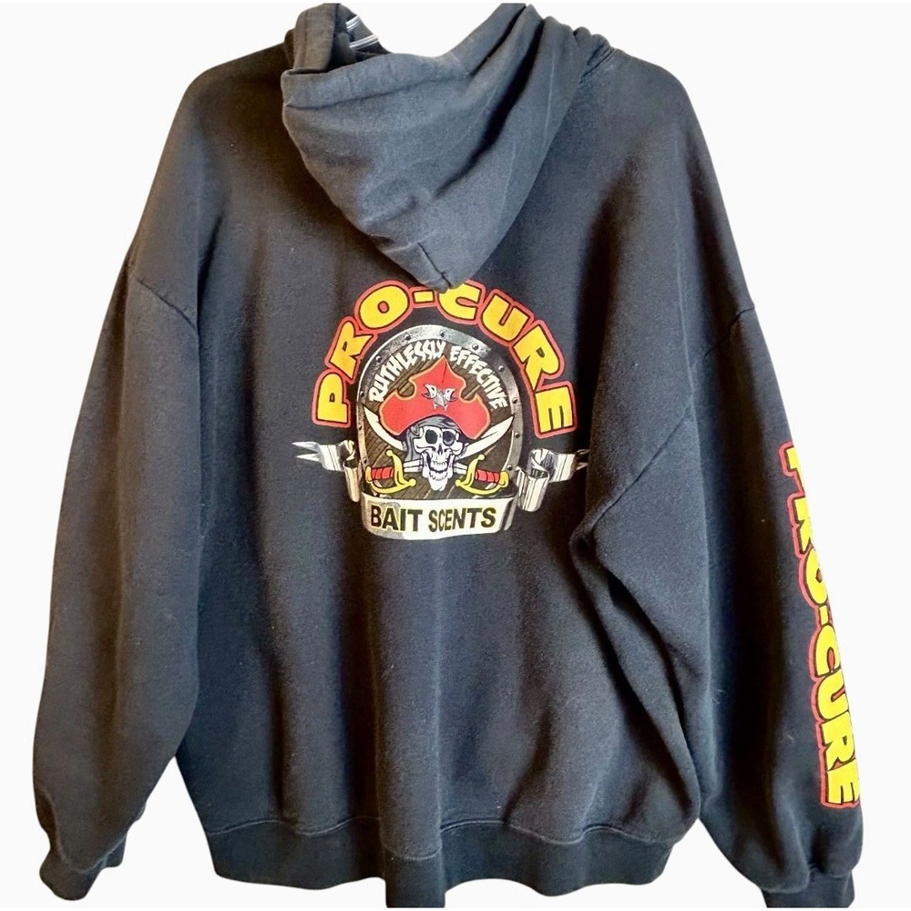Pro-Cure Bait Skull Vintage Hoodie Size 2XL Faded Black Double Sided Graphics